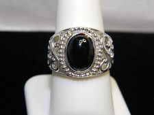 Wide Sterling Silver Oval Black Onyx Ring Scroll Design Size 8