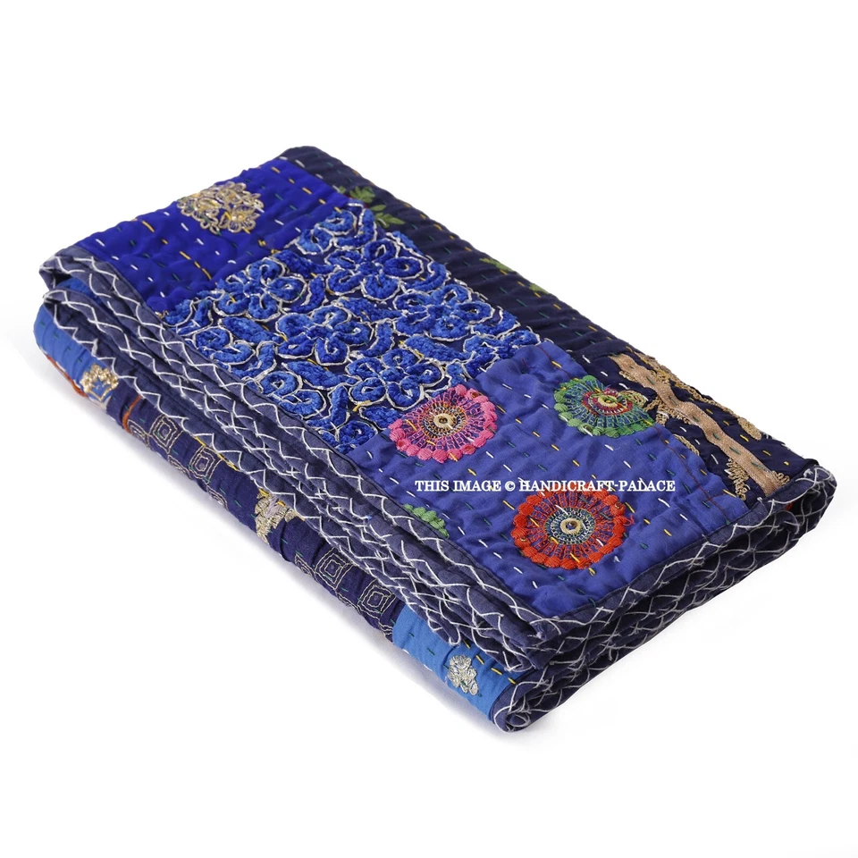 Manta de algodón hecha a mano india Kantha Throw de retazos vintage azul Foto 4 de 4
