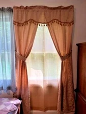 3 Windows Gold Jacquard 6 Piece Curtains Set with Valences Sheers and Tiebacks