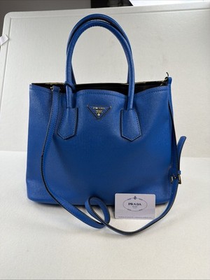 Auth Prada Saffiano Cuir Leather Blue Double Large 2way Tote Bag-FLAWS SEE PHOTO