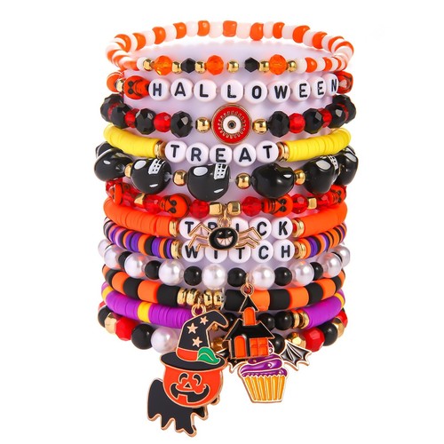 12 Stck. Halloween Heishi Perlen Armbänder für Frauen - Spooky Ghost & Kürbis Party F - Bild 1 von 6