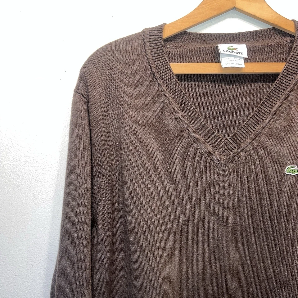 Suéter Lacoste Para Hombre Manga Larga Cuello en V 100% Algodón Marrón Talla 4 (Mediano) Foto 3 de 4