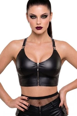 Wetlook Top Damen Schwarz Zip Rückenfrei Sexy Clubwear S-2XL - Bild 1 von 4