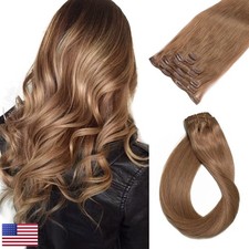 Human Hair Clip in Extensions Silky Straight Golden Brown 7 Pieces 70G Double
