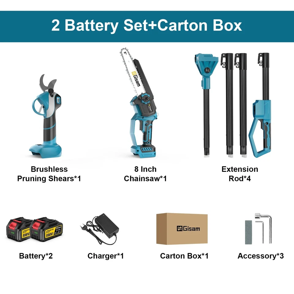 KIT POTATURA MOTOSEGA 8" E FORBICE CESOIA CON 2 BATTERIE ASTA TELESCOPICA 2,40MT - Immagine 2 di 4