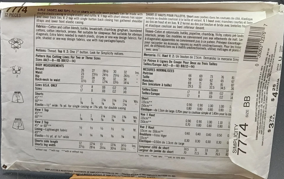 Simplicity 7774 Hugs & Stitches Girls Shorts & Tops Sewing Pattern BB 12-14 Vint - Image 2 of 2