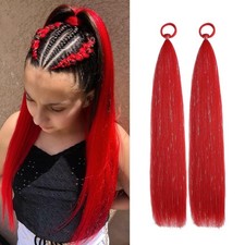 Red Ponytail Extensions Hair Tinsel, Braiding Hair With Rubber Band for Girls...