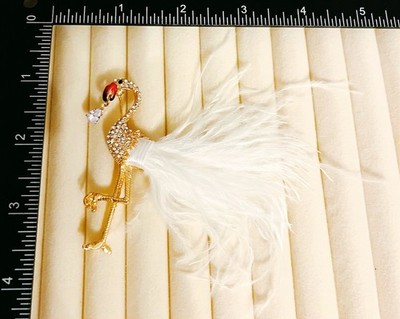 Elegant Gold Tone Flamingo Brooch Ostrich Feather Tail Rhinestones