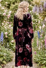 JOHNNY WAS L Large Plum Wine Velvet Midi Maxi Dress Floral Tie Waist BOHO NEW