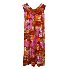 Vtg Small S Dress 60s Paradise Hawaii Honolulu Maxi Tropical Bright Floral Long