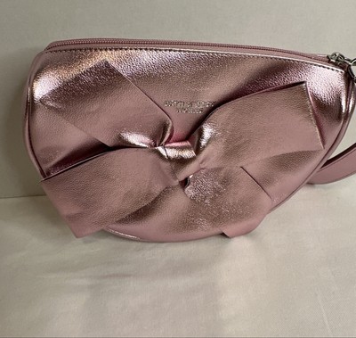 Bath & Body Works Metallic Pink Bow Wristlet Bag Cosmetic Makeup Evening Clutch