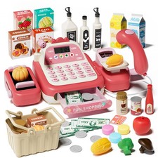 49PCS Pretend Play Cash Register Toy Set for Kids with Real Calculator