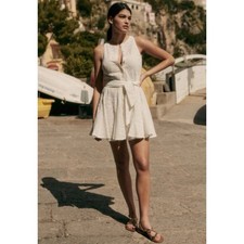 Sezane Solitta Mini Dress White Eyelet Sleeveless Belted Women's Size 14 French