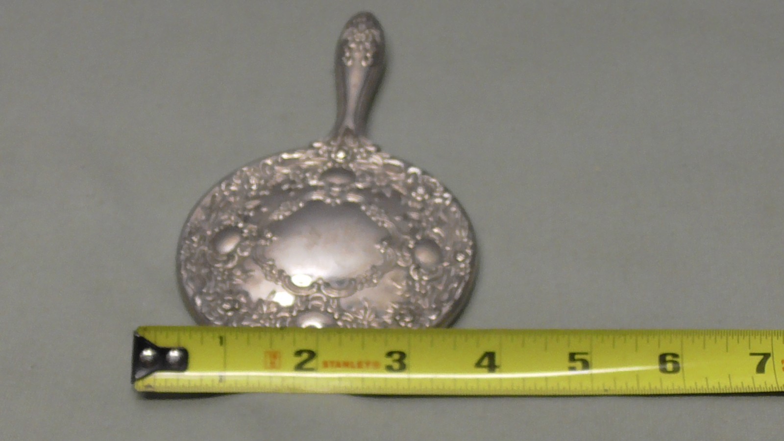 Vintage Hand Held Mirror Round Vanity Silver Plate Heavy Floral Scroll Ornate 9"