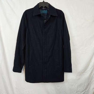 Perry Ellis Mens Black Wool Blend Full Zip Lined Career Heavy Coat Small Vintage