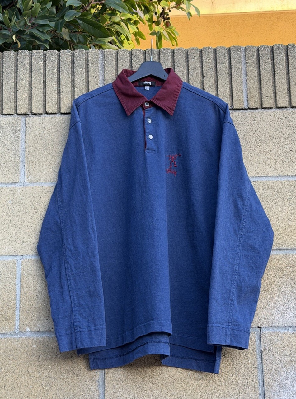 Vintage 80s Rare Stussy Native Man Embroidered Rugby Shirt Size L Navy