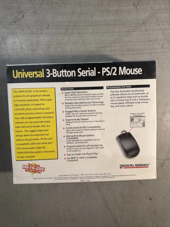 Vintage Digital Research Universal 3-Button Serial PS/2 Mouse NOS SEALED Black - Image 2 of 2