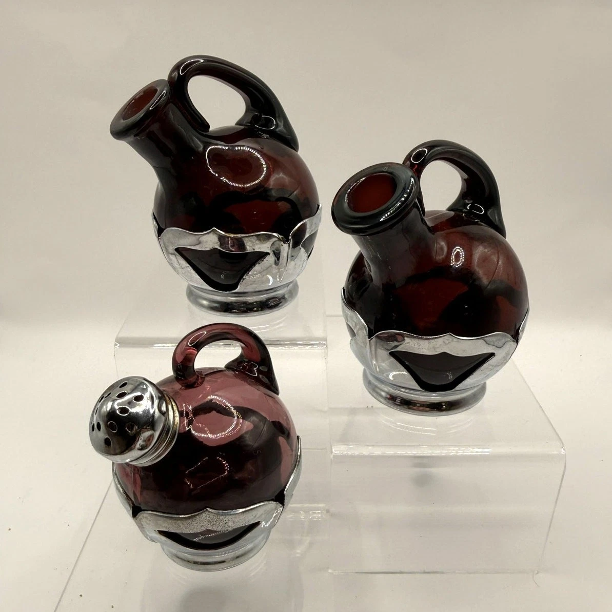 VTG Farber Brothers Krome Kraft Amethyst Glass Cruets & Salt Shaker-No Stoppers