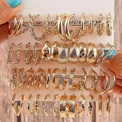 24 Pair Women's Golden Hoop Shaped Earring Set Fashion Pendant Ear