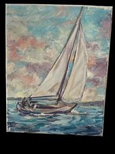 RM Mortensen Art Original Oil Painting, Seascape Sailboat, 10X8