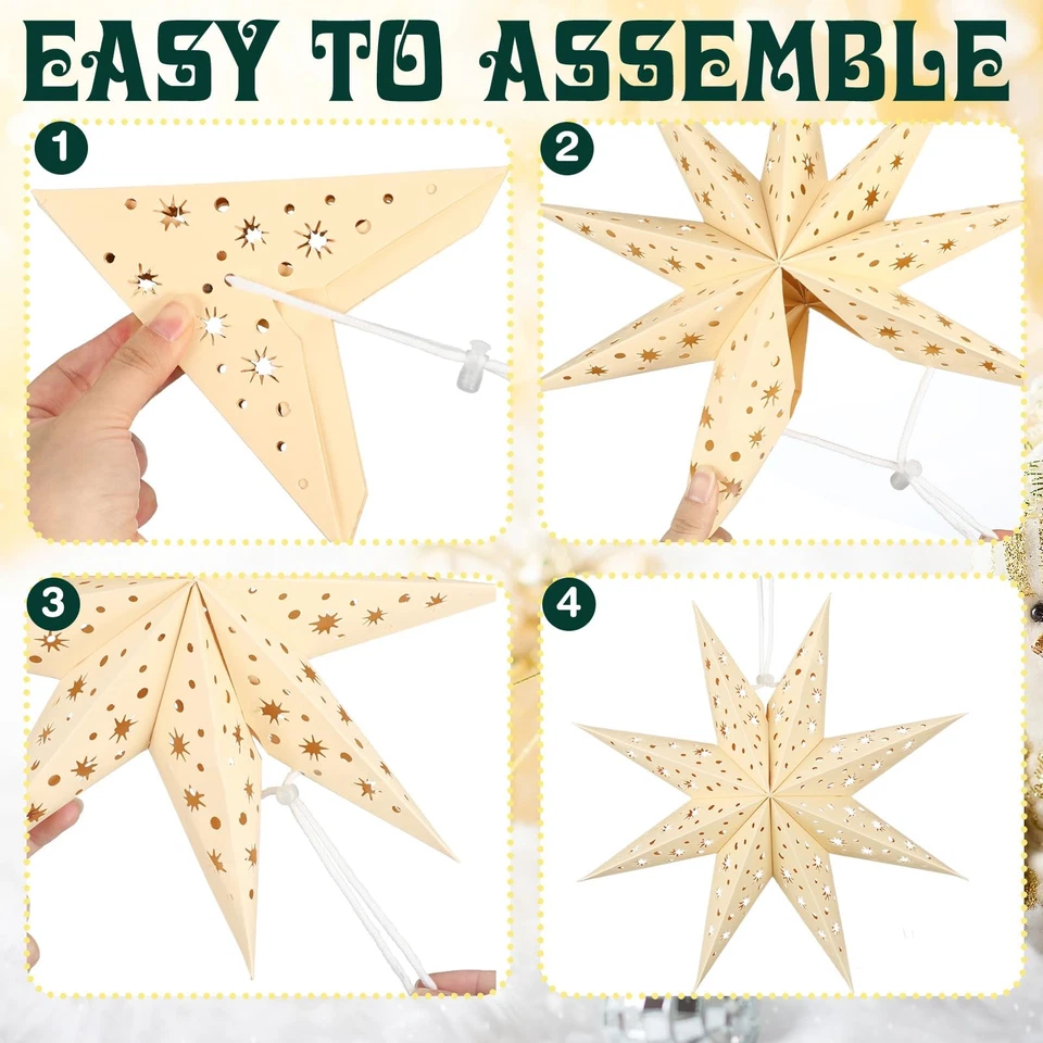 12 Pcs Christmas Paper Star Lantern 8 Points Sage Green Hanging Ornament 3D N... - Image 4 of 4