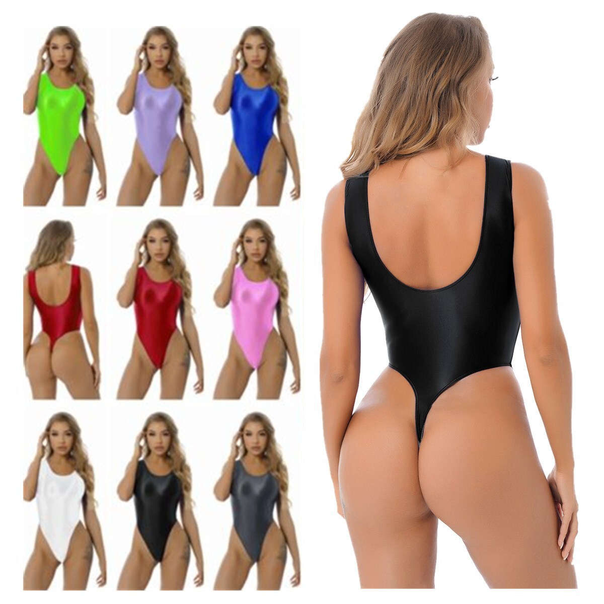 Traje de natación con cuerpo brillante sin mangas Catsuit High Cut Stringbody