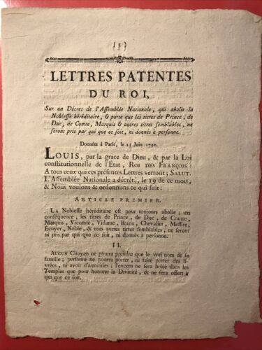 Lettres patentes du Roi - Abolition de la noblesse héréditaire - Photo 1/2
