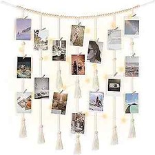 Macrame Hanging Photo Display Wall Decor with String Lights Boho Large Ivory