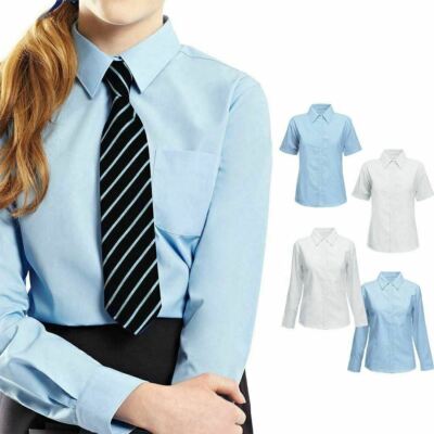 Mädchen Shirt Bluse Top Schule Kinder Uniform Halb-/Vollarm weiß/blau 4er Pack