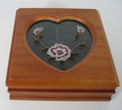 Wooden Jewelry Box Heart Shaped Glass Top With Engraved Rose 5