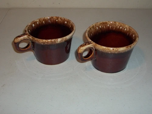 Set Of 2 Hull Crestone Pottery Brown Drip Glaze 4” Coffee Tea Cup Oven Proof USA