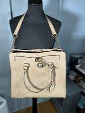 Michael Kors Hamilton Beige Brown Leather Gold Lock Tote Cross Body Bag Handbag