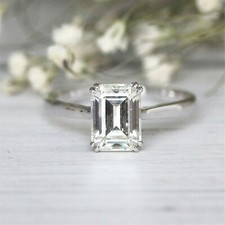 3Ct Emerald Cut Simulated Diamond Dual Claw Solitaire Ring 14K White Gold Plated