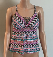 Coastal Blue Women's Swimwear Lace Up Front Tankini Top, Reflection,Aztec M 8-10