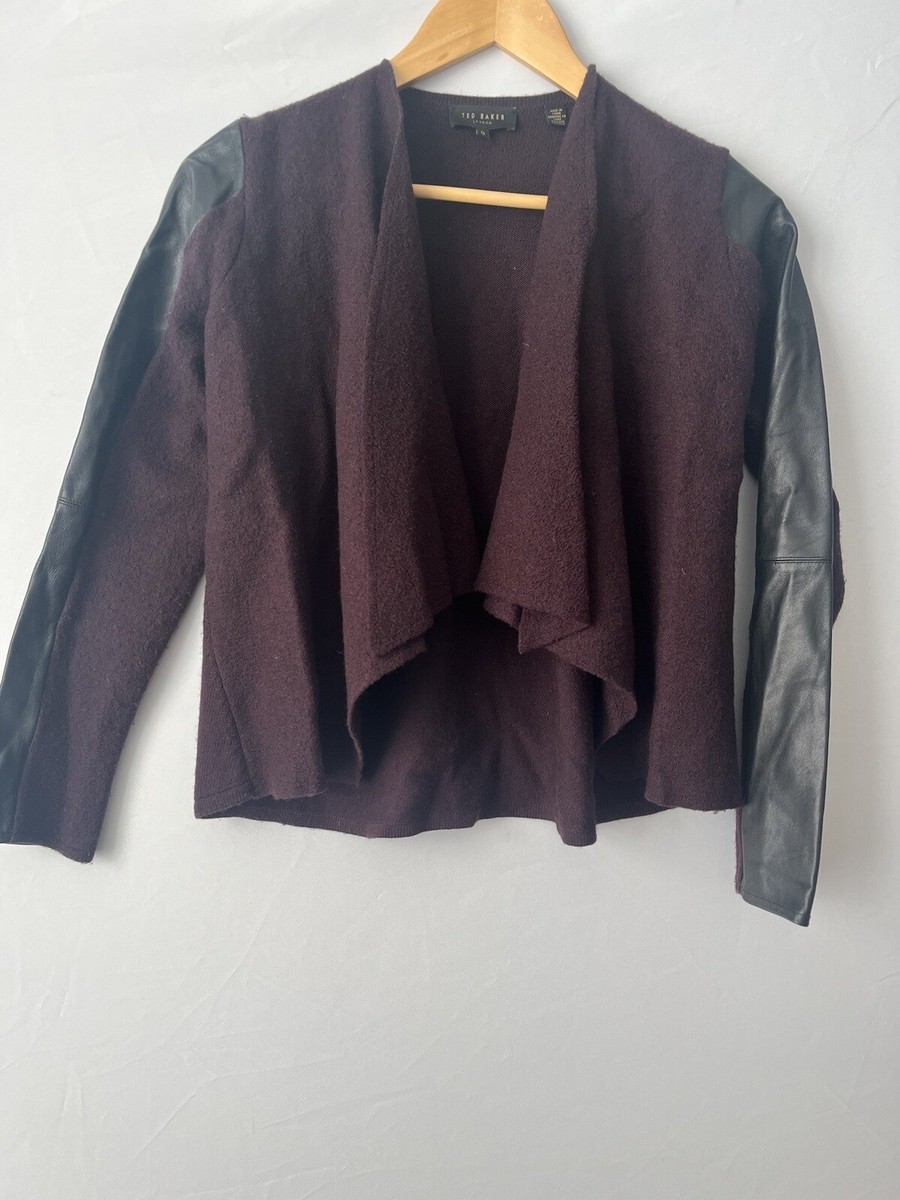 Ted Baker Women's Open Front Jacket Size Burgundy Faux Leather Trim