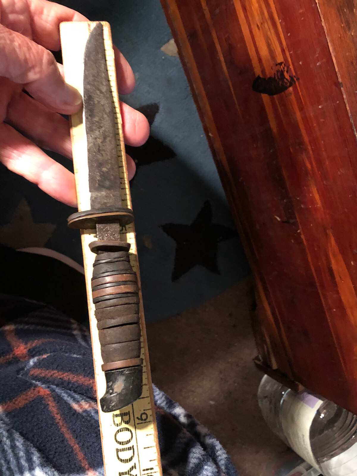 Vntg 81/2” Unbranded Stacked Leather Handle Fixed Blad Hunting Knife