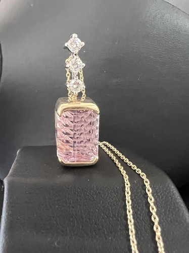 14K YellowGold Natural 6.36CT Emerald Cut Pink Kunzite Diamond Pendant Chain - Picture 3 of 24
