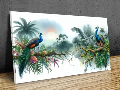 Peacocks in tropical forest panoramic mounted canvas print ready to hang