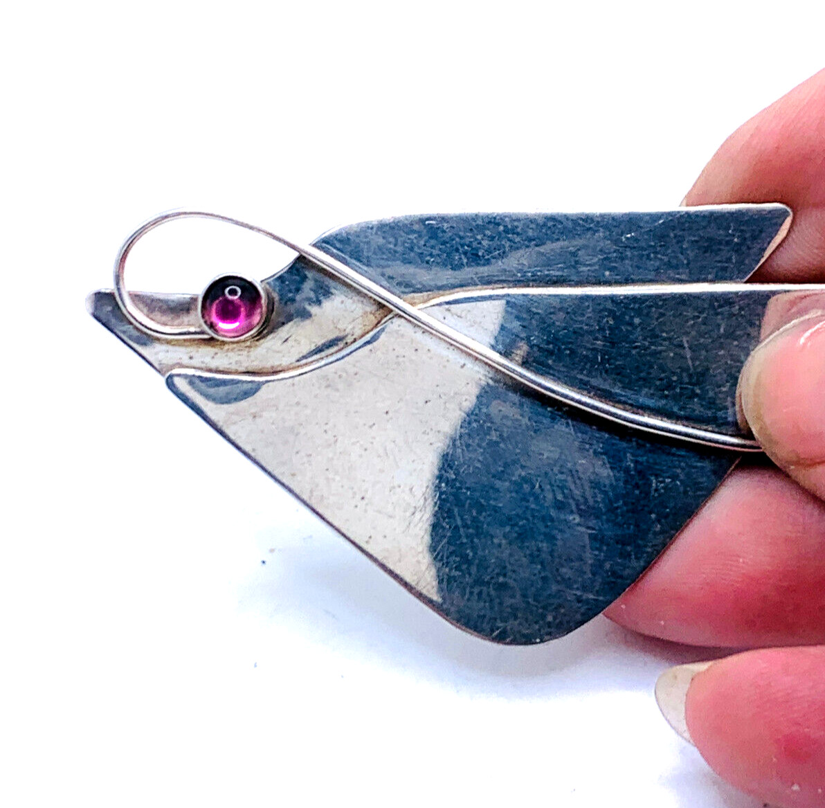 Rare Curved Organic Arlene Siwek Sterling 925 Amethyst Cabochon Brooch Vtg