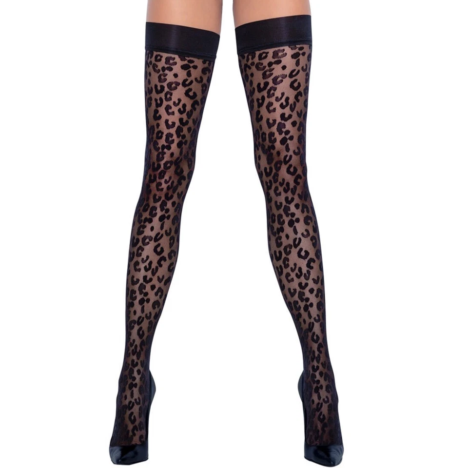 Halterlose Strümpfe S-XL Leo-Look Silikon Anti-Rutsch Strapse schwarz "Alish"S34 - Bild 2 von 4