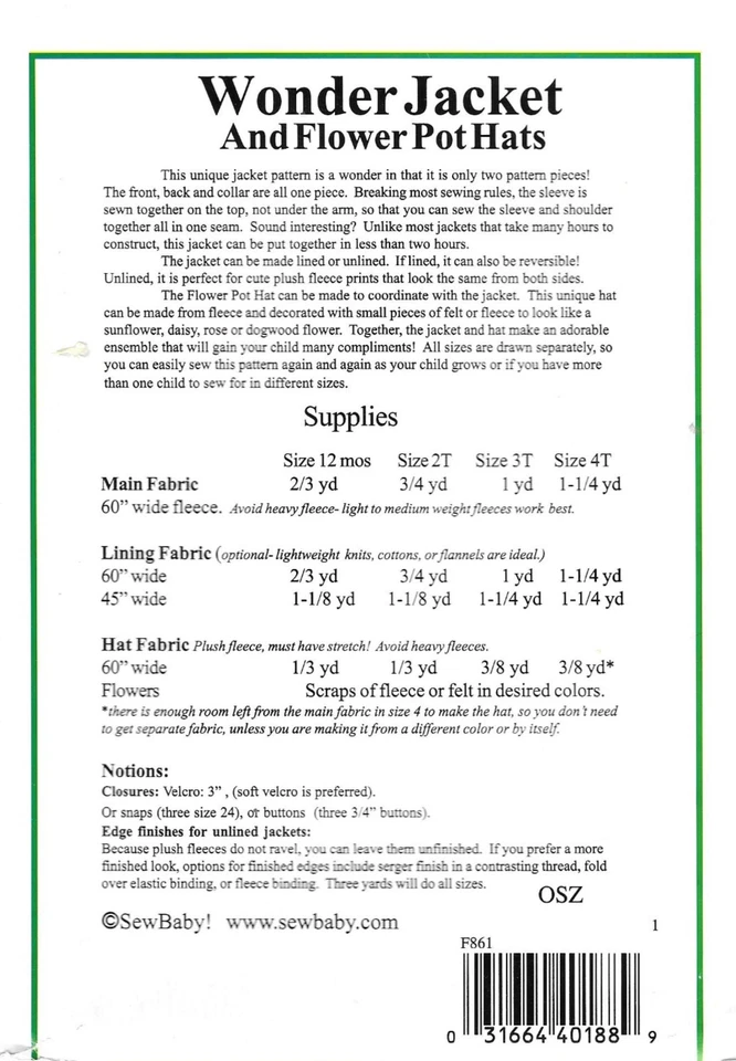 Uncut SewBaby F861 Wonder Jacket and Flower Pot Hats Sewing Pattern Size: 1T-4T - Image 2 of 2