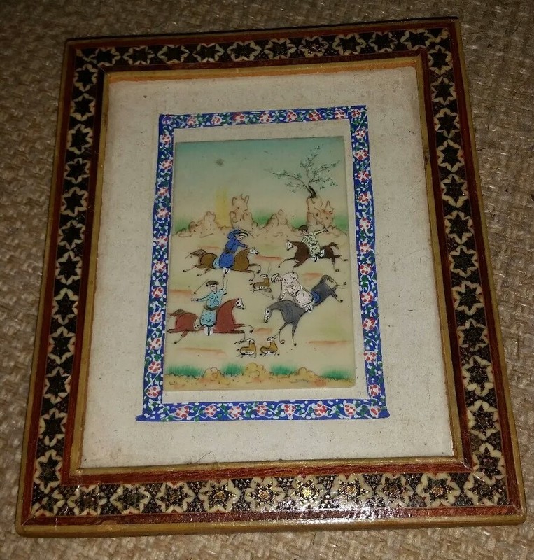 Vintage Hand Painted Persian Hunting Scene On Acrylic FRAMED 