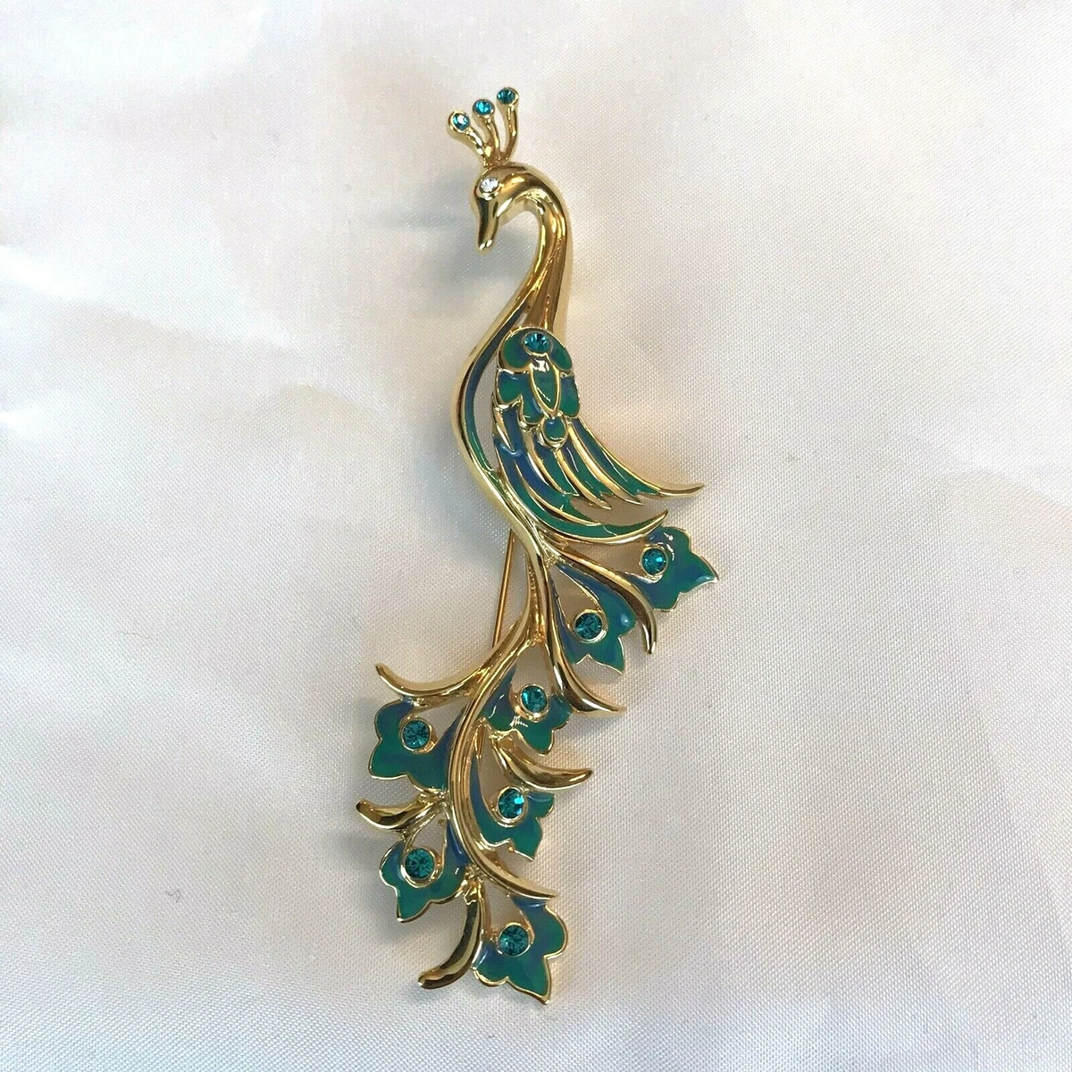 Vintage Peacock Brooch Pin Turquoise Enamel on Metal Gold Tone 4.25