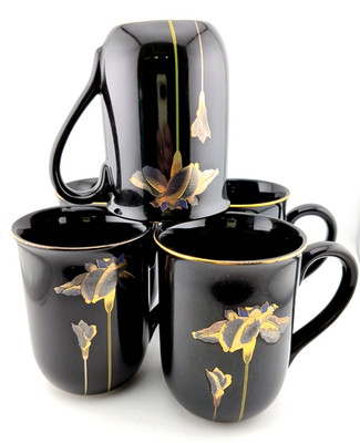5 - VTG Otagiri Porcelain Black Golden Royal Iris Flower Gold Gilt Mug/Cup Japan