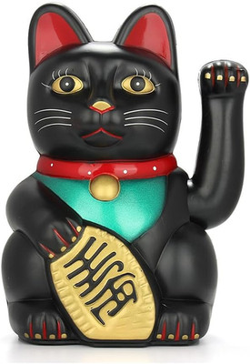 Lucky Cat Waving Arm - 5.3'' Maneki Neko Lucky Beckoning (Black) | Feng Shui Fort