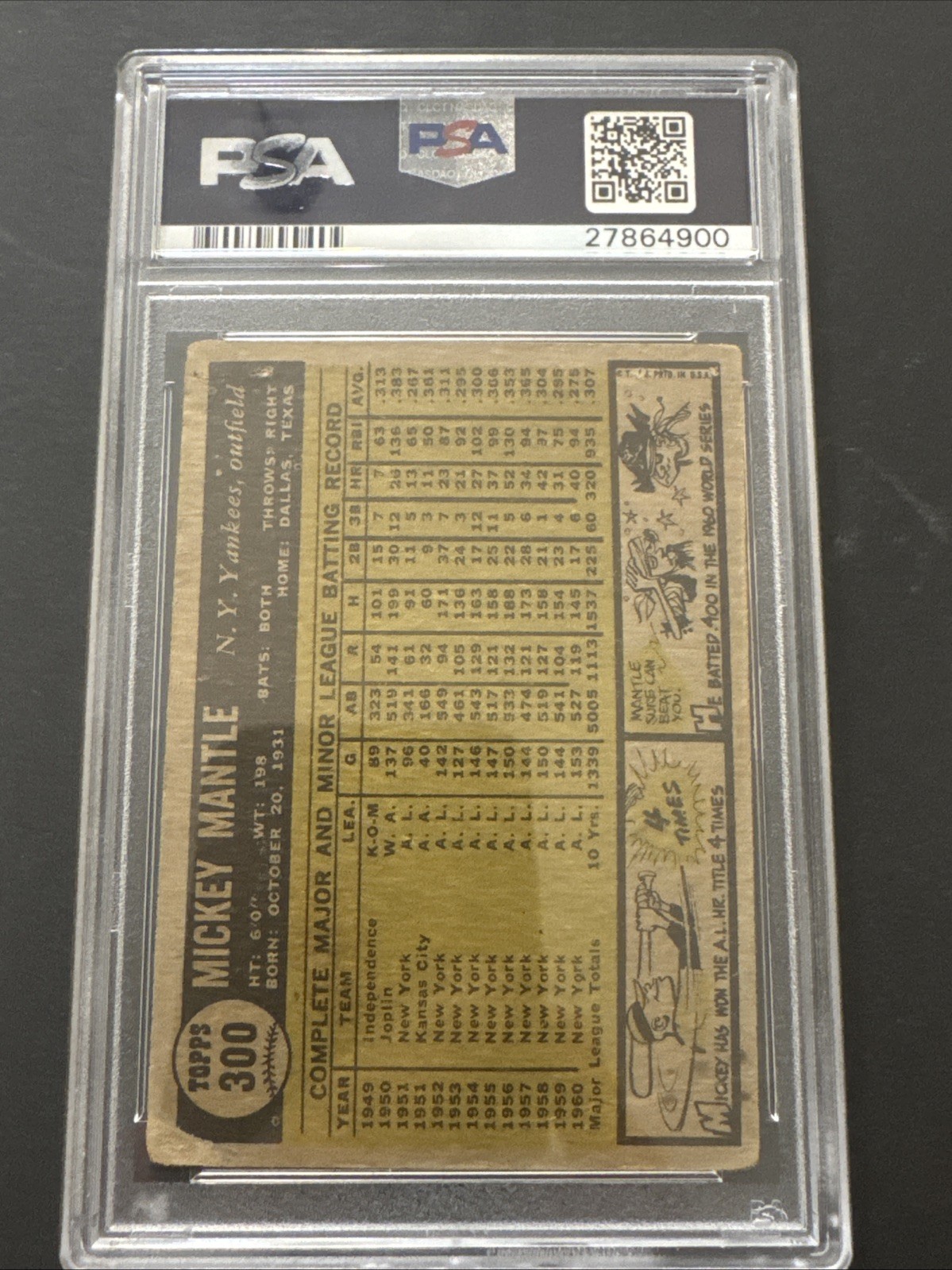 1961 TOPPS #300 MICKEY MANTLE PSA 1 New York Yankees HOF 🔥 view 2
