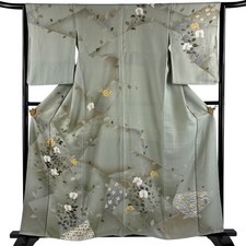 JAPANESE KIMONO HOMONGI Ash green 160.5cm 5 ft 3 in PURE SILK AA9515