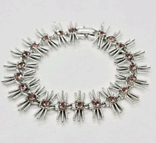 Pink Crystal Bracelet Silver tone Art Deco Vintage signed Amerique 7 in