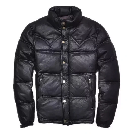 Men's Down Puffer Jacket Casual Bomber Real Leather Puffy Fashion Jacket