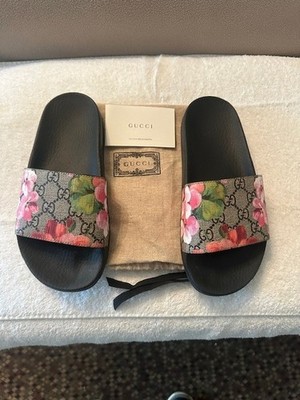 Gucci Floral Logo Leather Slide Sandals Women's Brown Pink Green US 6